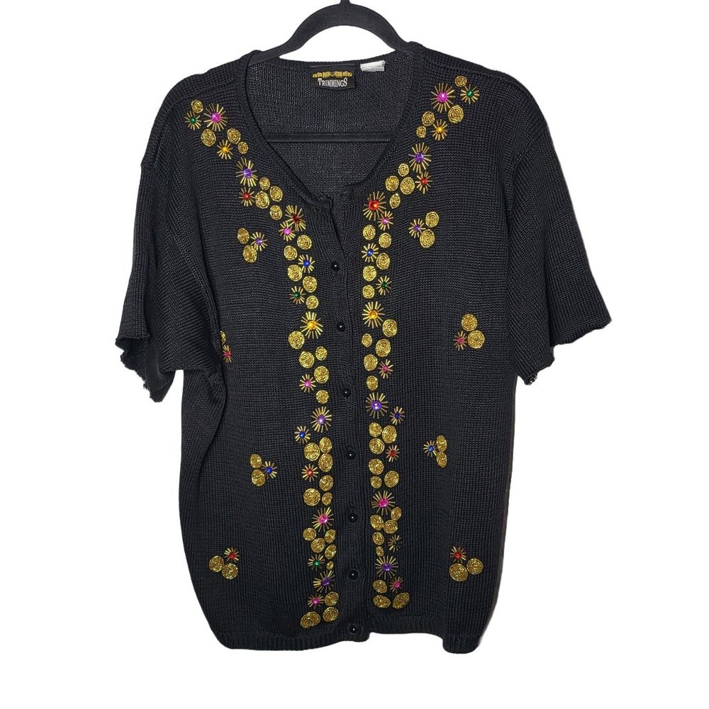 Vintage‎ Walmart Trimmings Black Button Down Beaded Short Sleeve Sweater Large